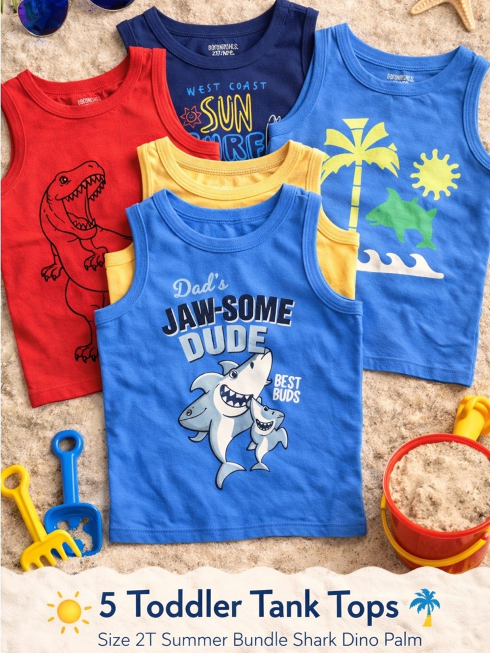 2T Toddler Boy Tank Top Bundle Summer Graphic Shirts Beach Surf Dino Shark 5pc